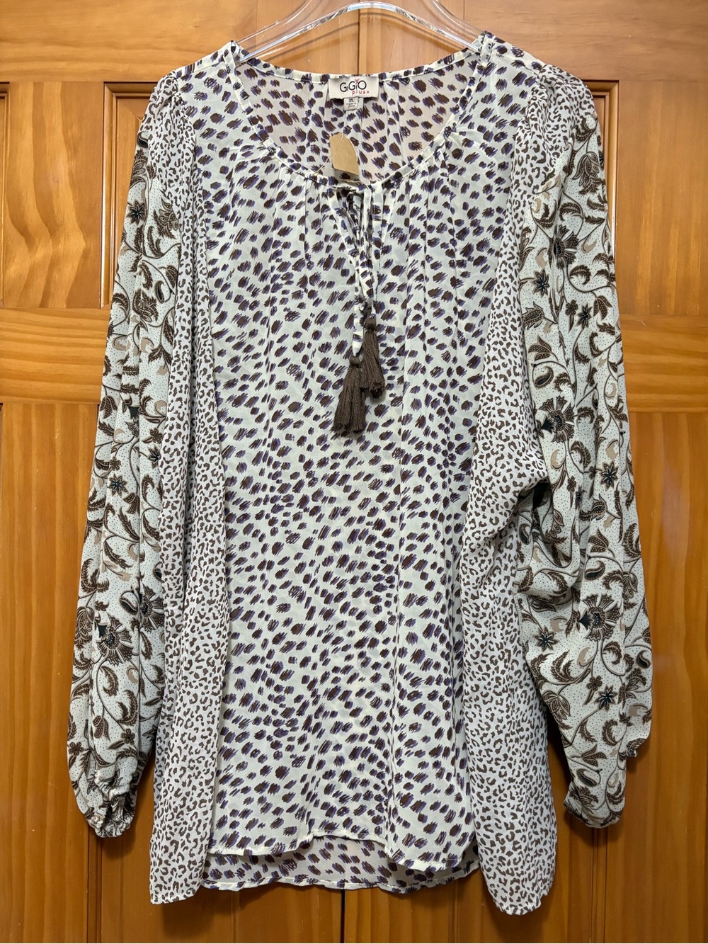 GGO Leopard Printed Cream & Brown Tassel Tie Tunic Size XL NWT